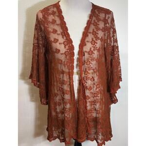 Magnolia Lane Lace Kimono Duster Women’s Medium Rust Orange Boho Chic Sheer Top